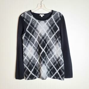 J. Jill Wool Blend Argyle Plaid Colorblock Knit Pullover Black Gray XS Preppy